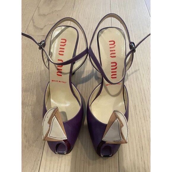 Miu Miu Purple Leather Peep-Toe Sandals With Beige Bow Detail Made In Italy Size - Picture 1 of 6